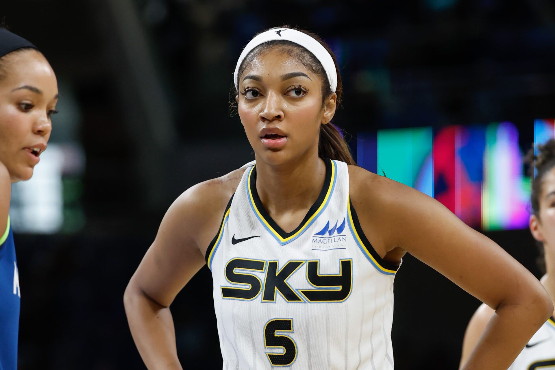 Chicago Sky forward Angel Reese (5) during the second half of a WNBA pre-season game at Wintrust Arena.