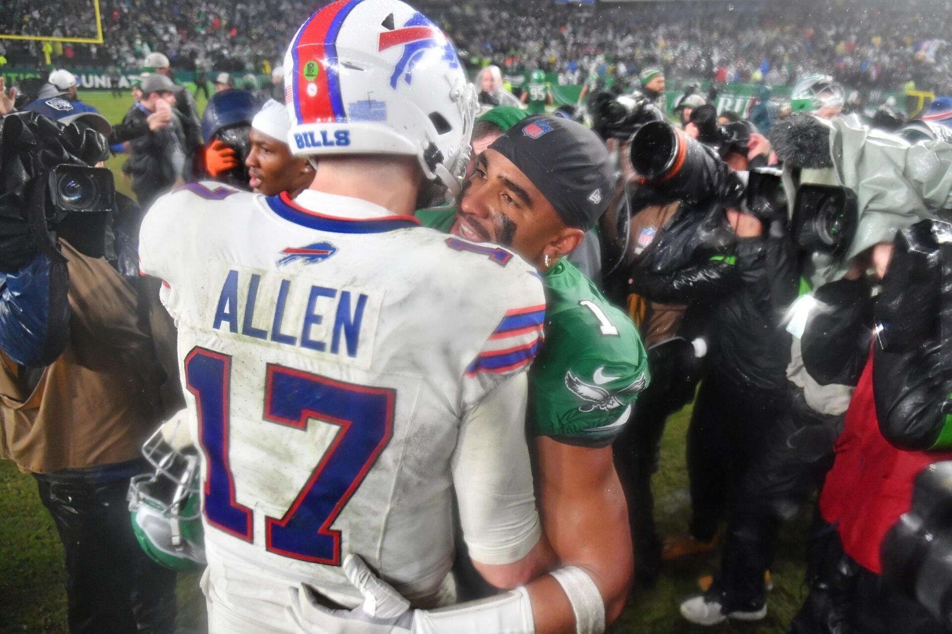 Buffalo Bills quarterback Josh Allen (17) and Philadelphia Eagles quarterback Jalen Hurts (1) meet on the field Eagles win in overtime at Lincoln Financial Field.