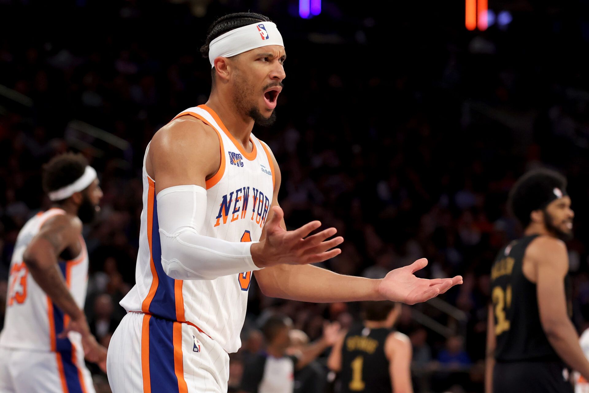 New York Knicks guard Josh Hart (3) reacts after being called for a travel during the fourth quarter against the Cleveland Cavaliers at Madison Square Garden.