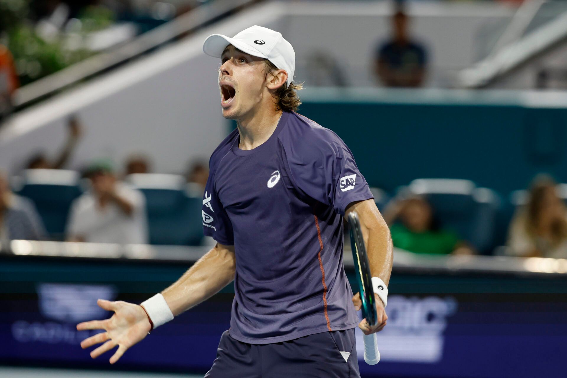 Alex de Minaur (AUS) celebrates after match point against Joao Fonseca (BRA)(not pictured) on day seven of the Miami Open at Hard Rock Stadium.