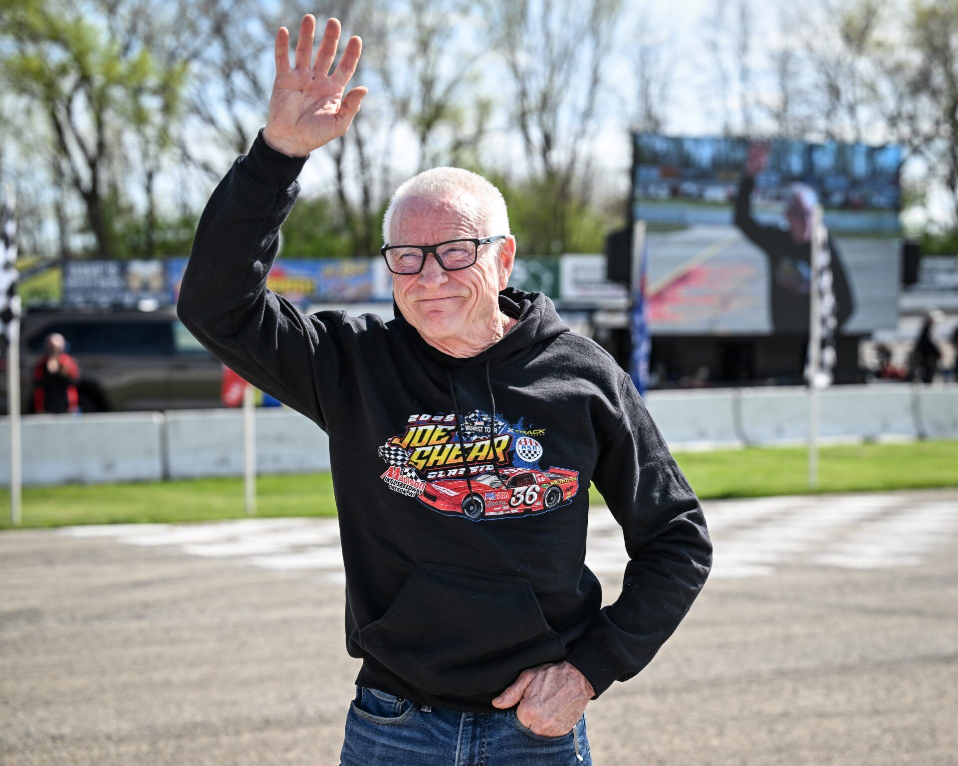NASCAR Hall of Famer Mark Martin, serving as grand marshal for the ASA Midwest Tour Joe Shear Classic, waves to the crowd Sunday, May 4, 2025, at Madison International Speedway in Town of Rutland, Wisconsin.