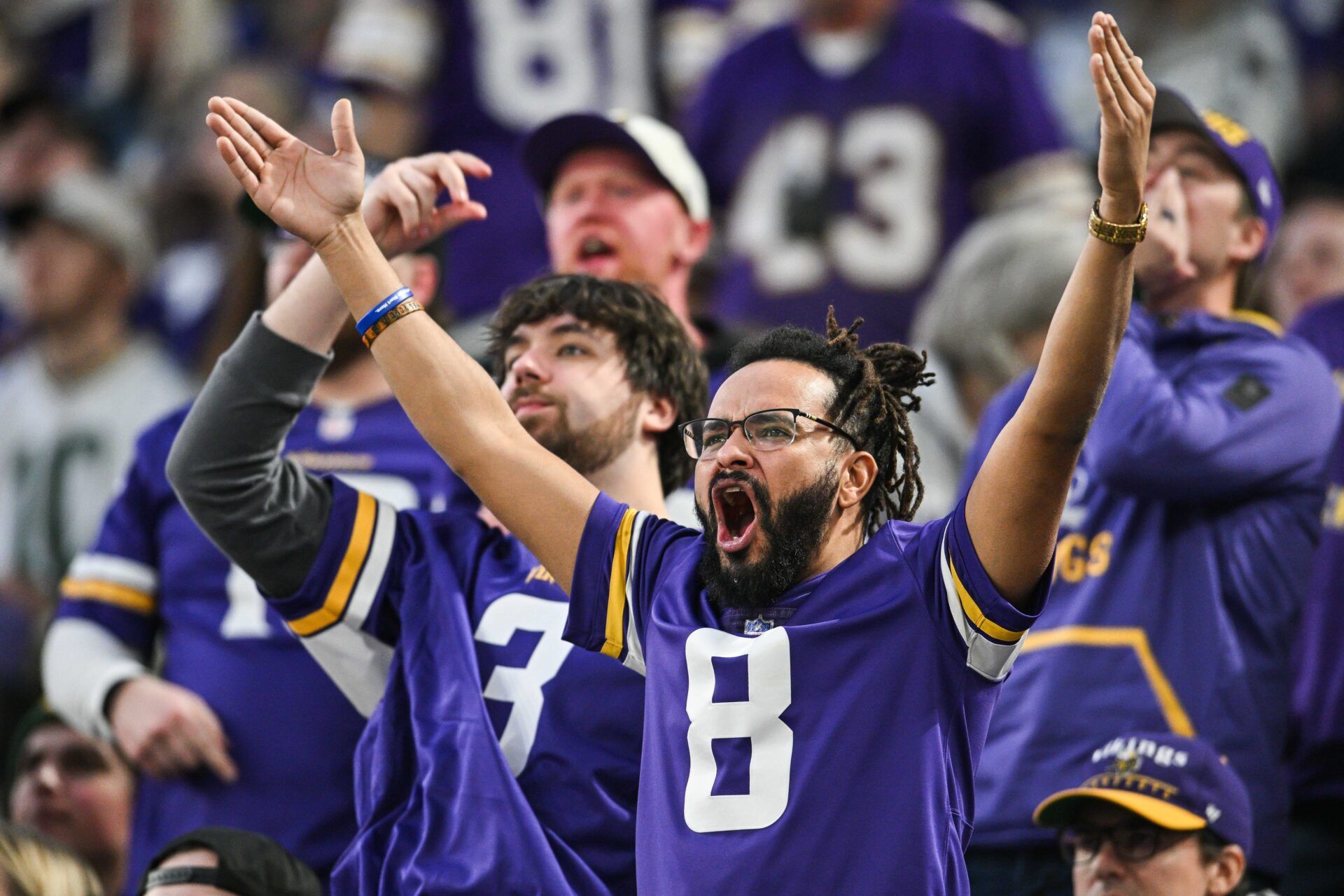 Minnesota Vikings fans react against the Green Bay Packers during the second quarter at U.S. Bank Stadium.