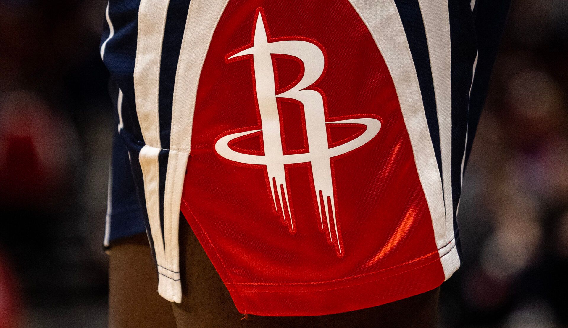 A detail of the Houston Rockets logo on the side of Houston Rockets forward Tari Eason (17) shorts as he plays against the Detroit Pistons in the second quarter at Toyota Center.