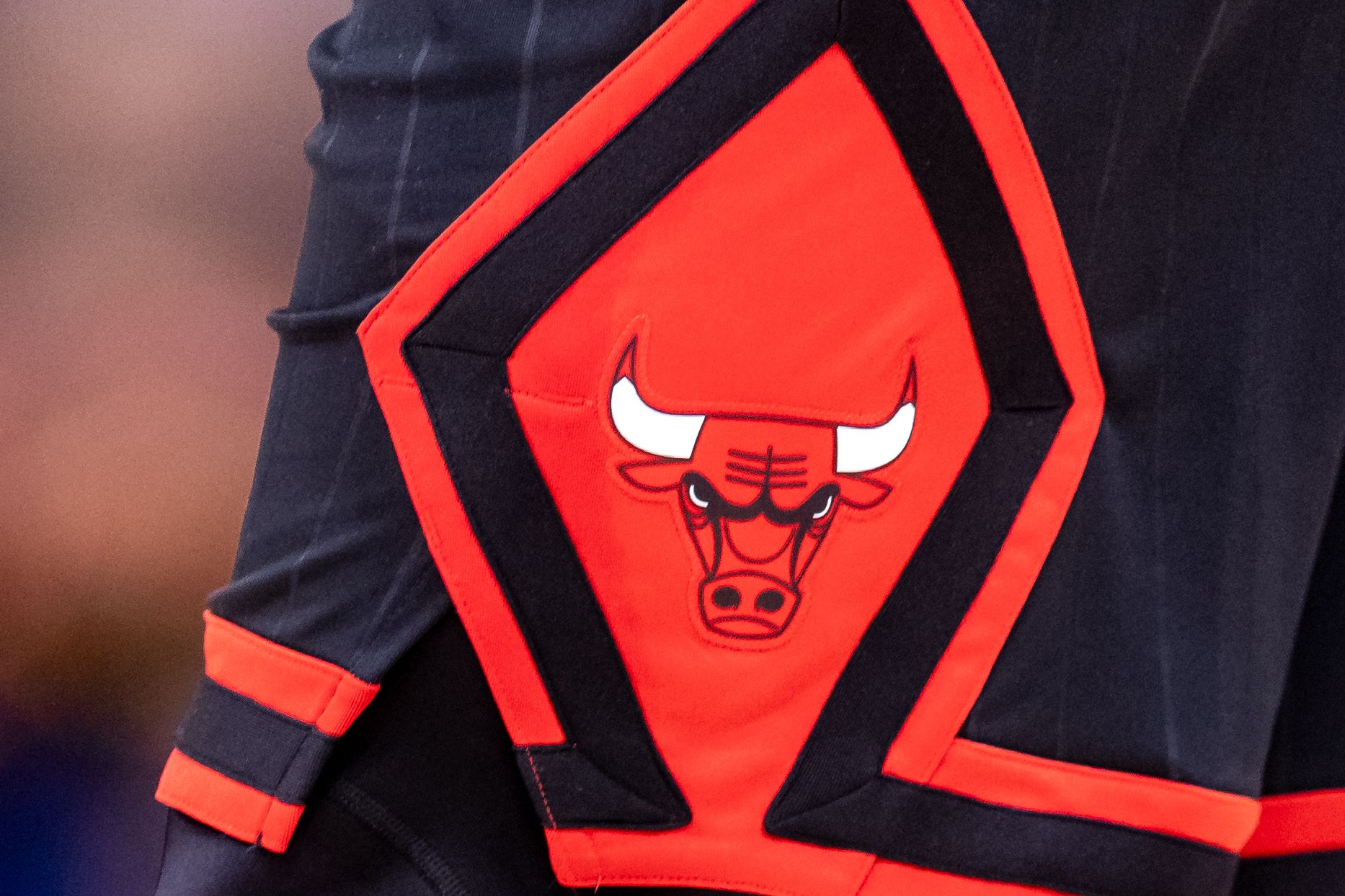 Detailed view of the Chicago Bulls logo against the New Orleans Pelicans during the second half at Smoothie King Center.