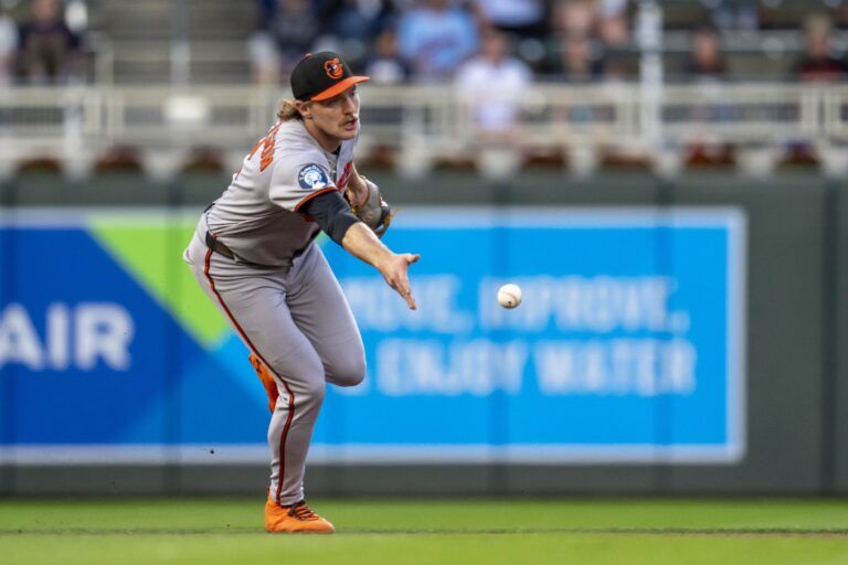 Baltimore Orioles shortstop Gunnar Henderson (2) flips the ball to Baltimore Orioles second baseman Jackson Holliday (not pictured) for an out against the Minnesota Twins in the fifth inning at Target Field.
