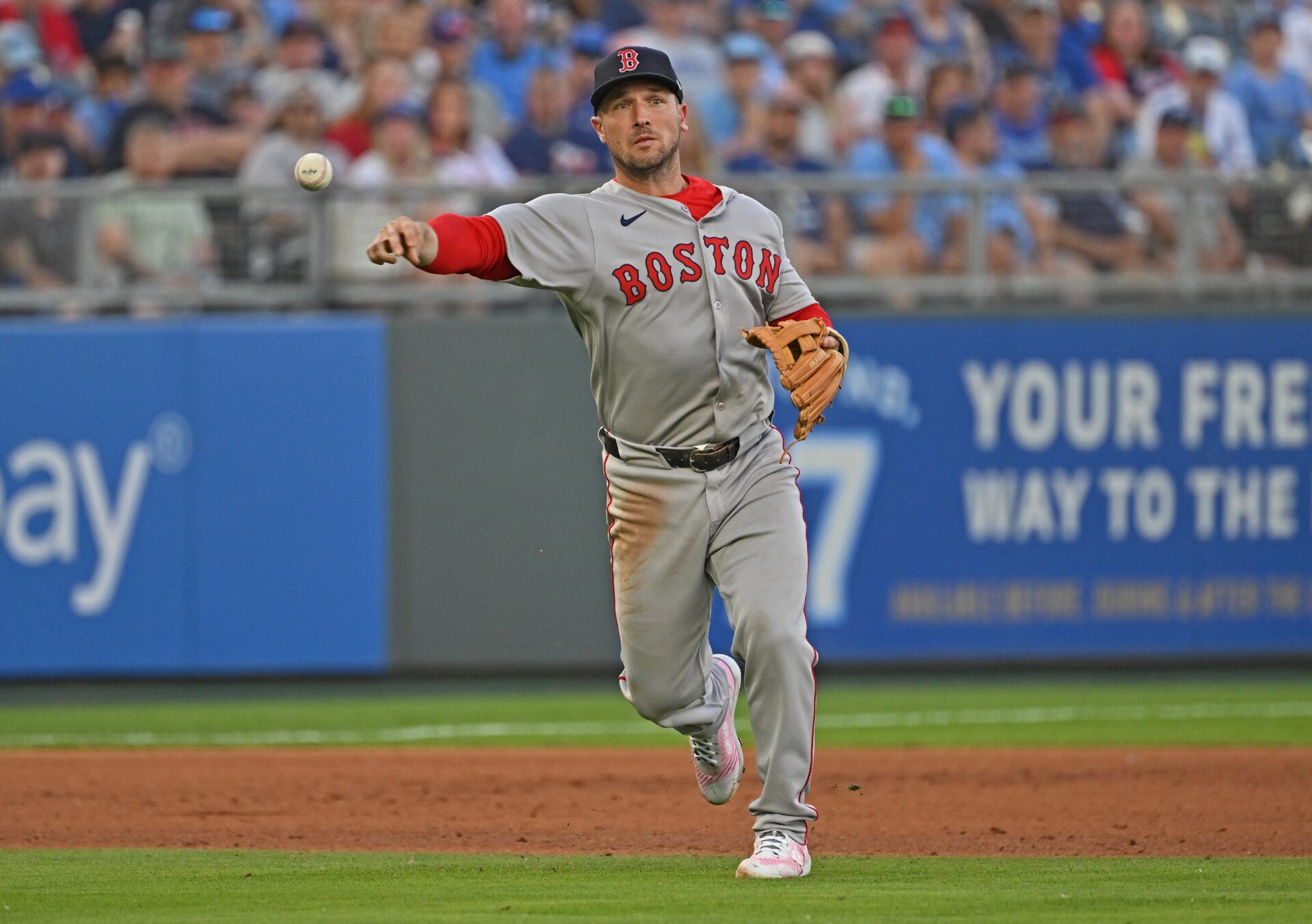 Boston Red Sox third baseman Alex Bregman (2) throws to first base in the fourth inning against the Kansas City Royals at Kauffman Stadium.