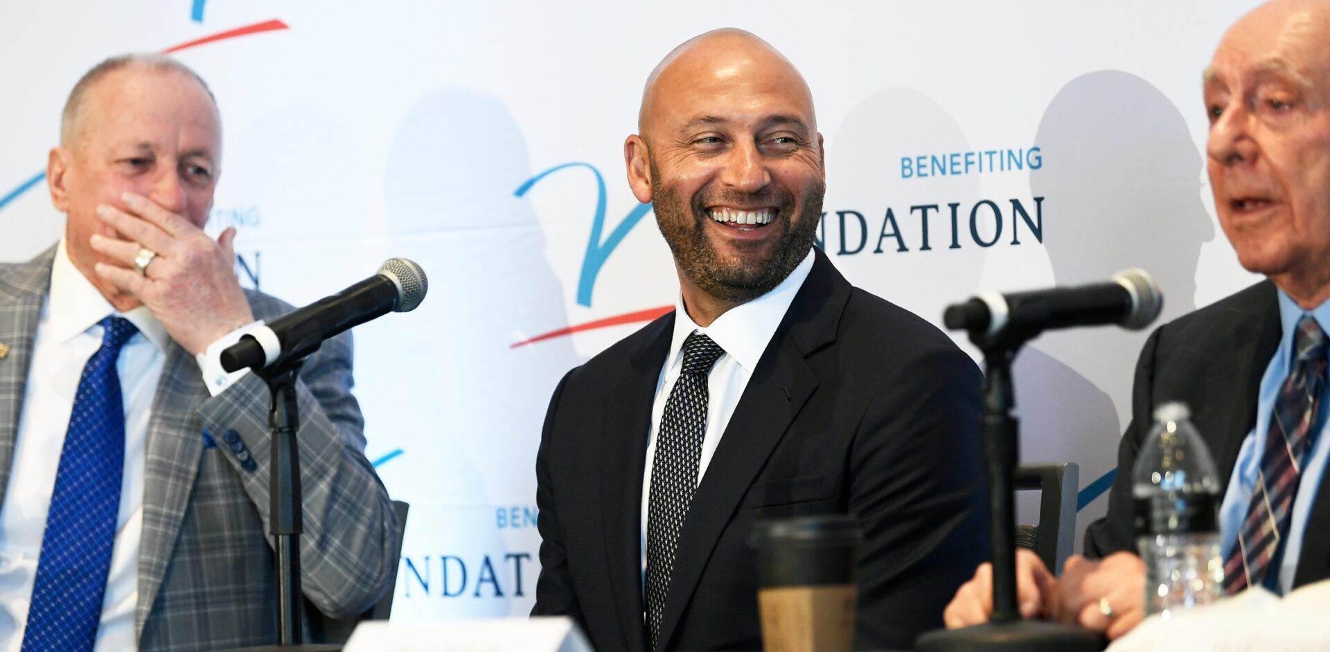 MLB Hall of Famer Derek Jeter is flanked by former Buffalo Bills quarterback Jim Kelly and Dick Vitale at last year's 19th Annual Dick Vitale Gala.