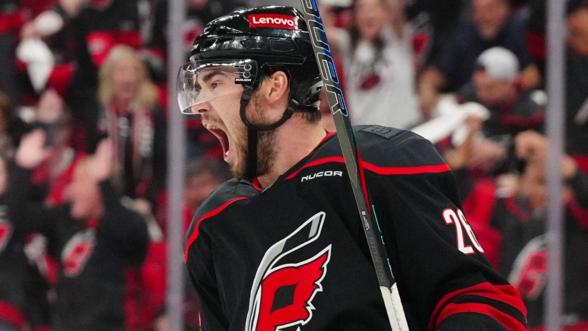 Carolina Hurricanes defenseman Sean Walker (26) scores a goal against the Washington Capitals during the third period in game four of the second round of the 2025 Stanley Cup Playoffs at Lenovo Center.