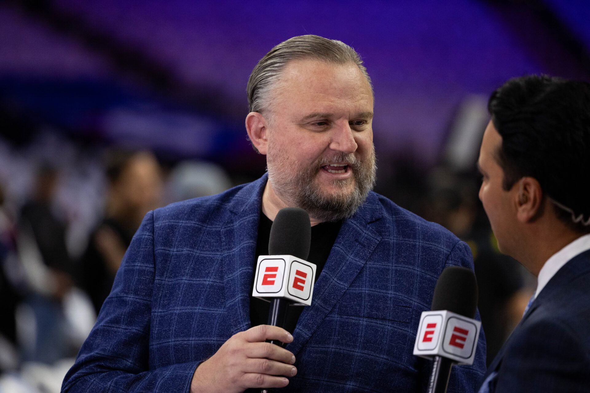 Philadelphia 76ers president of basketball operations Daryl Morey is interviewed before a game against the Milwaukee Bucks at Wells Fargo Center.