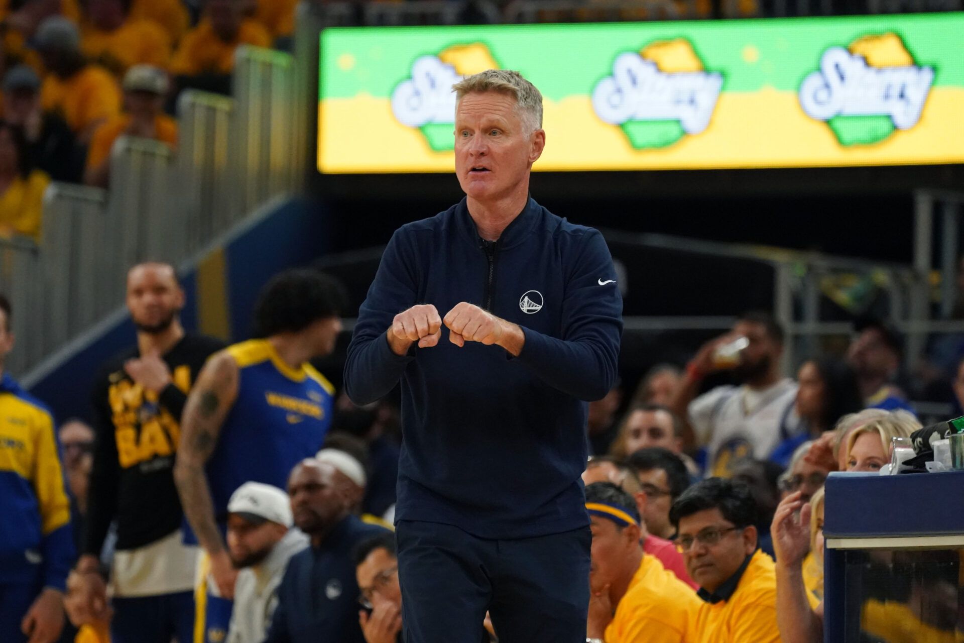 Golden State Warriors head coach Steve Kerr coaches his team against the Minnesota Timberwolves in the third quarter during game three in the second round of the 2025 NBA Playoffs at Chase Center.