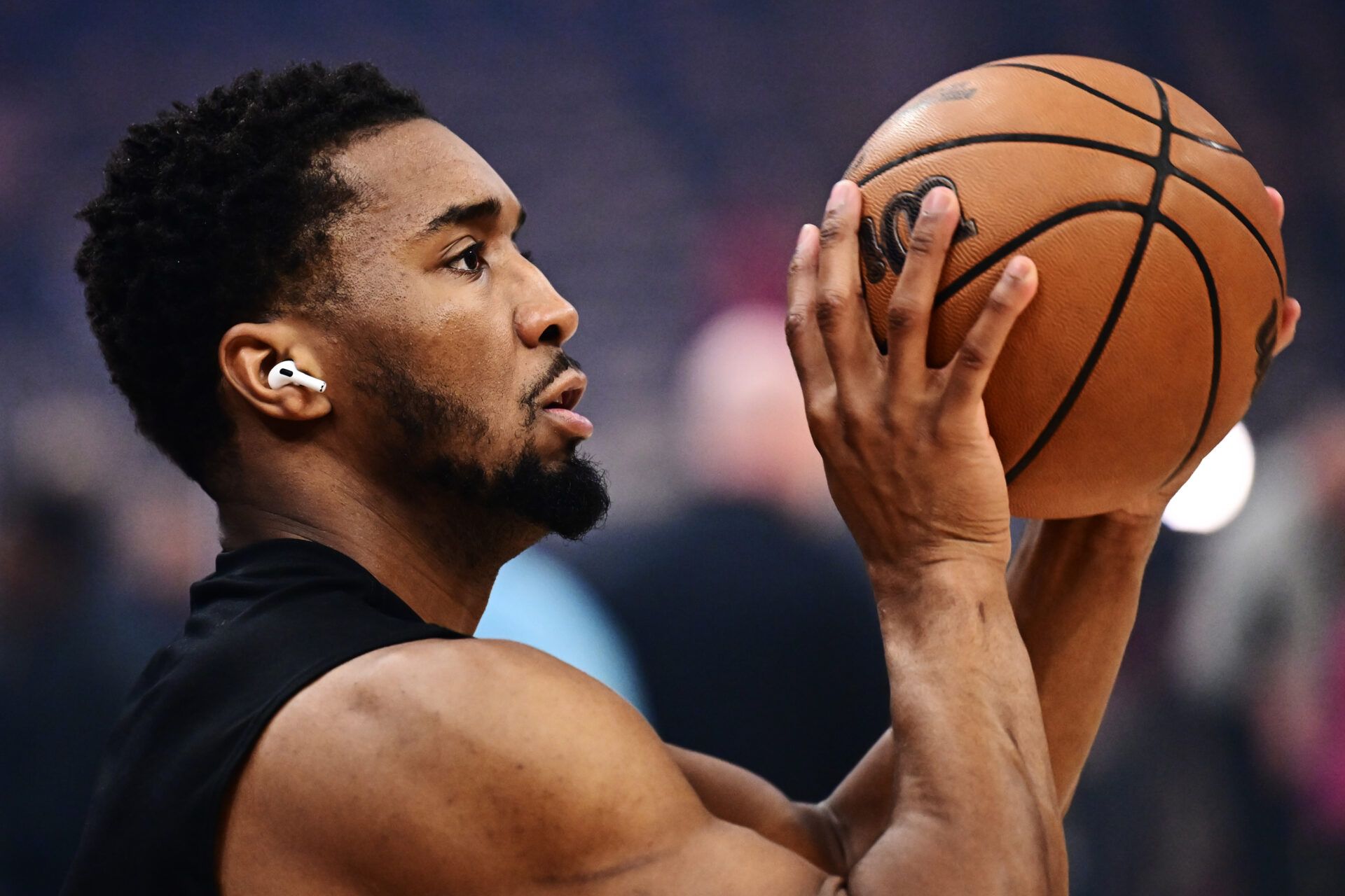 Cleveland Cavaliers guard Donovan Mitchell (45) warms up before game five between the Cavaliers and the Indiana Pacers of the second round for the 2025 NBA Playoffs at Rocket Arena.