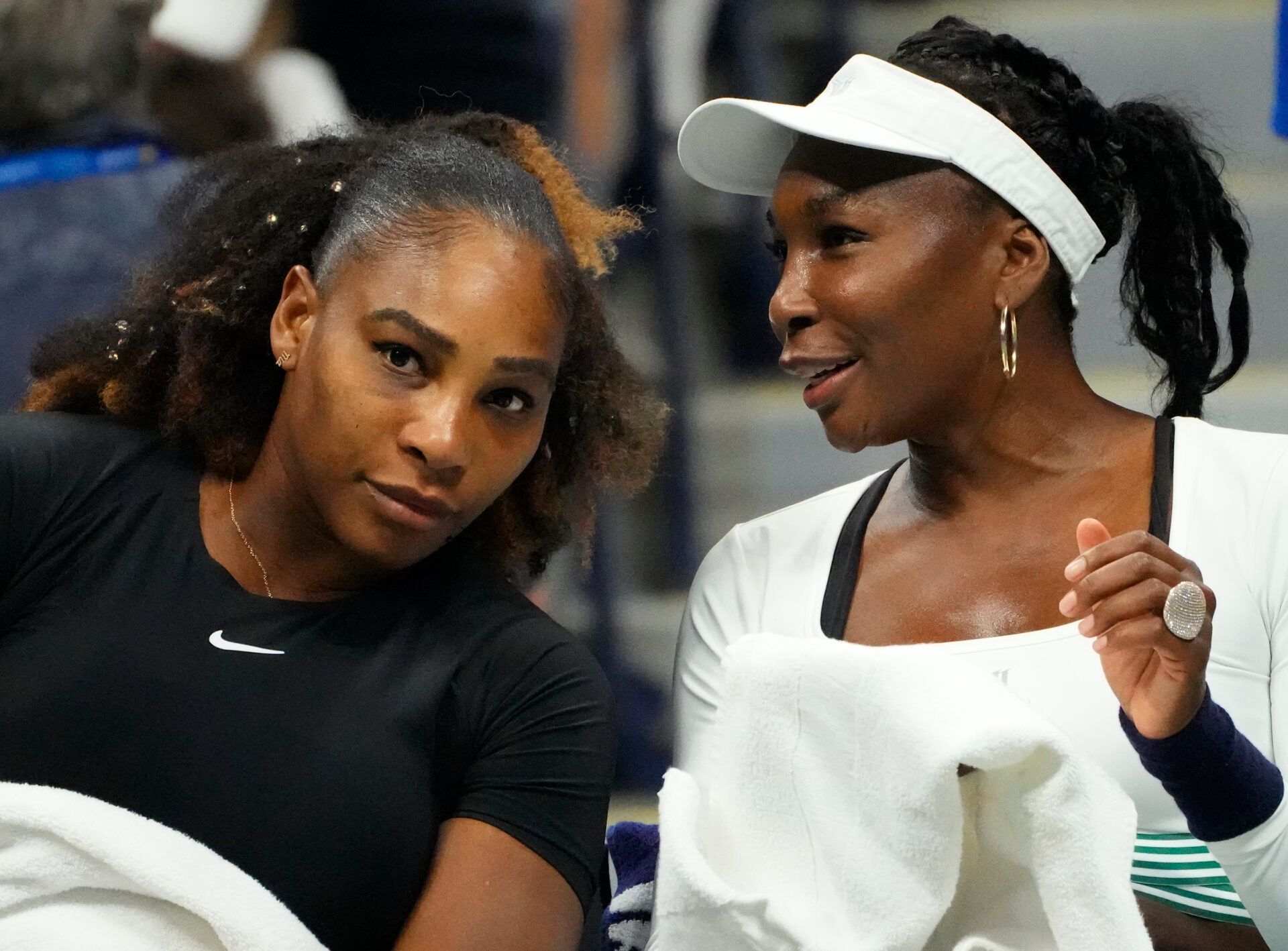 Serena Williams and Venus Williams of the USA play Lucie Hradecka and Linda Noskova of the Czech Republic in Woman's Doubles on day four of the 2022 U.S. Open tennis tournament at USTA Billie Jean King National Tennis Center.