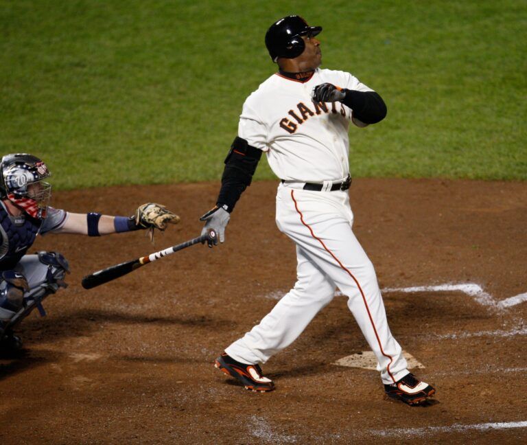 Barry Bonds hits home run number 756 off Nationals pitcher Mike Bacsik breaking Hank Aaron's all-time career home run record of 755 on Aug. 7, 2007.