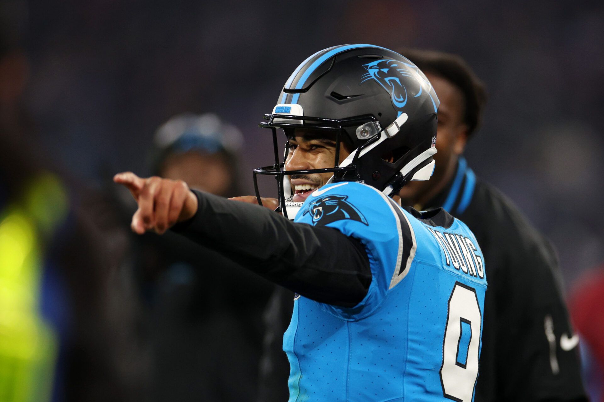 MUNICH, GERMANY - NOVEMBER 10: Bryce Young of Carolina Panthers reacts during the NFL Munich Game 2024 between New York Giants and Carolina Panthers at Allianz Arena on November 10, 2024 in Munich, Germany. (Photo by Adam Pretty/Getty Images)