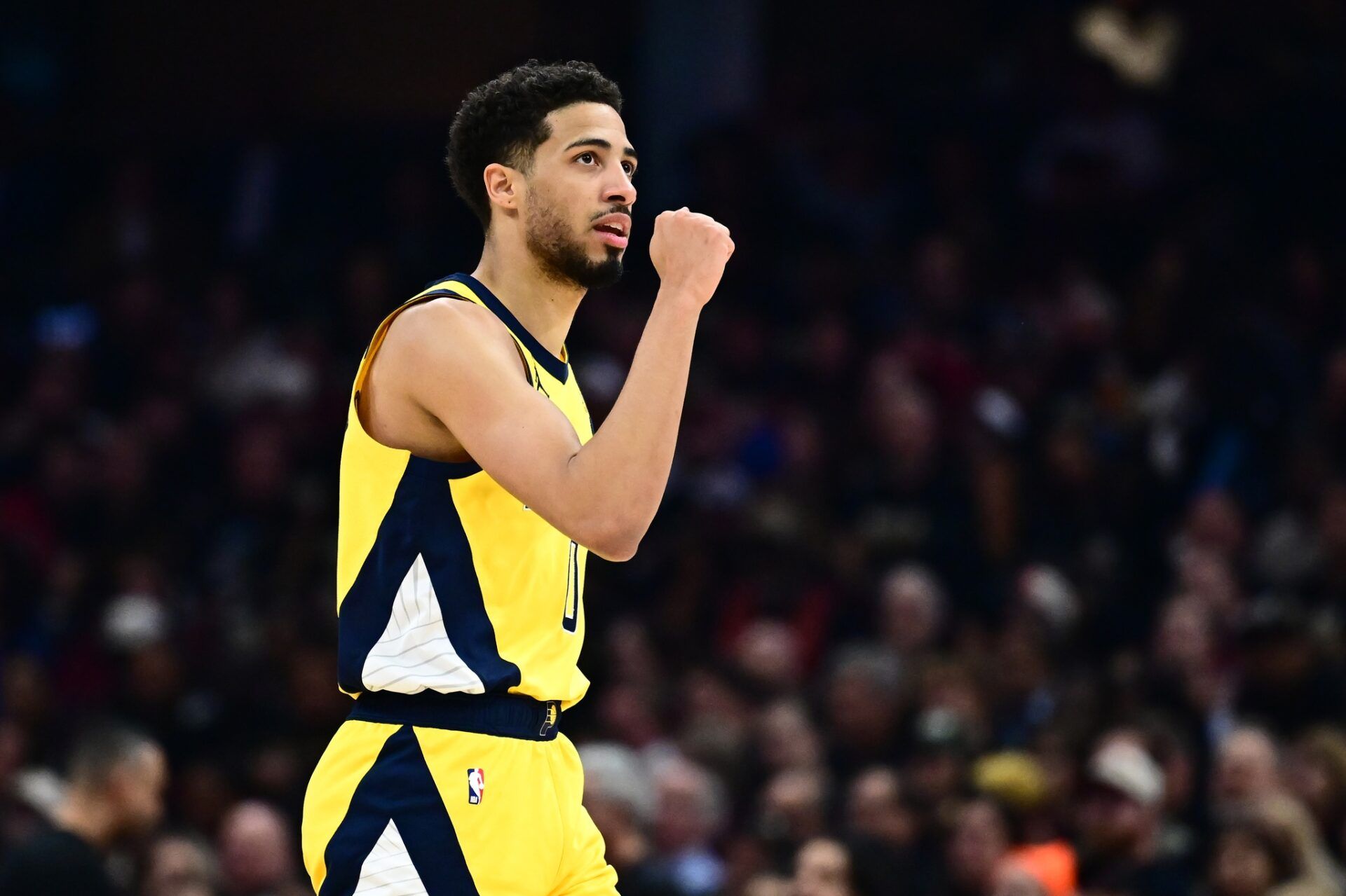 Indiana Pacers guard Tyrese Haliburton (0) celebrates after hitting a three point basket during the first half against the Cleveland Cavaliers in game five of the second round for the 2025 NBA Playoffs at Rocket Arena.