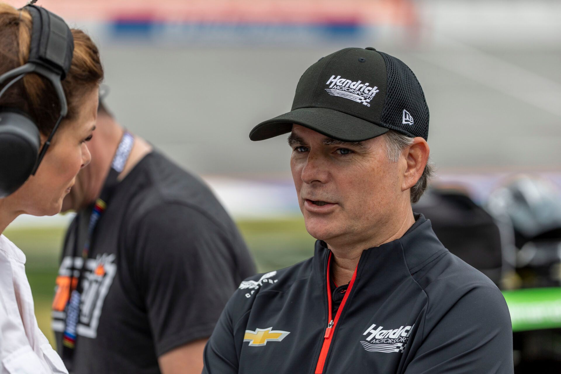 Former driver Jeff Gordon talks with the media during Jack Link's 500 qualifying at Talladega Superspeedway.