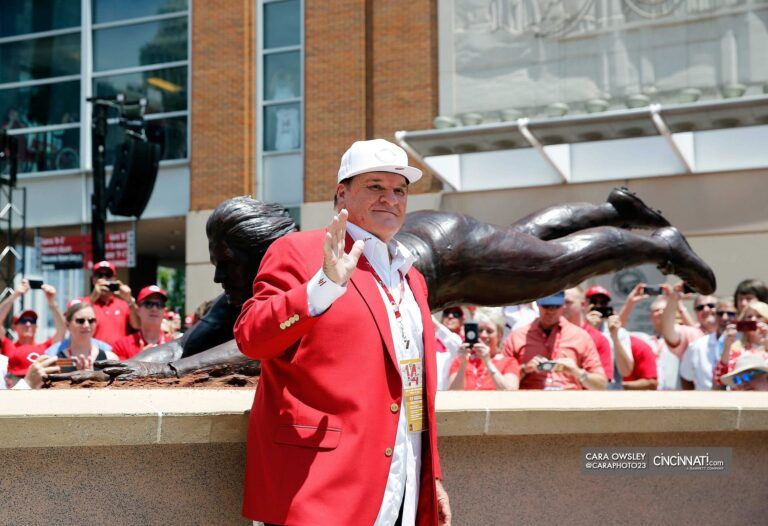 Pete Rose waves to his fans during the unveiling of a bronze statue dedicated to him at Great American Ball Park on Saturday, June 17, 2017.