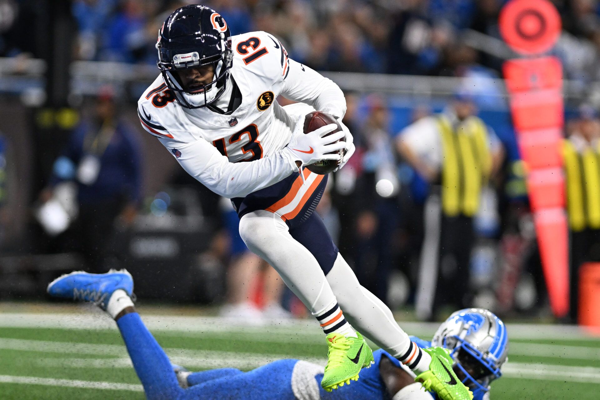 Chicago Bears wide receiver Keenan Allen (13) catches a touchdown pass against the Detroit Lions in the third quarter at Ford Field.