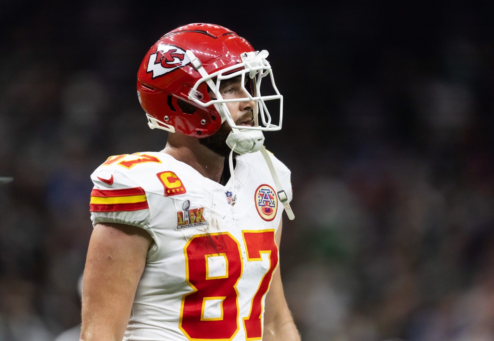 Kansas City Chiefs tight end Travis Kelce (87) against the Philadelphia Eagles in Super Bowl LIX at Ceasars Superdome.