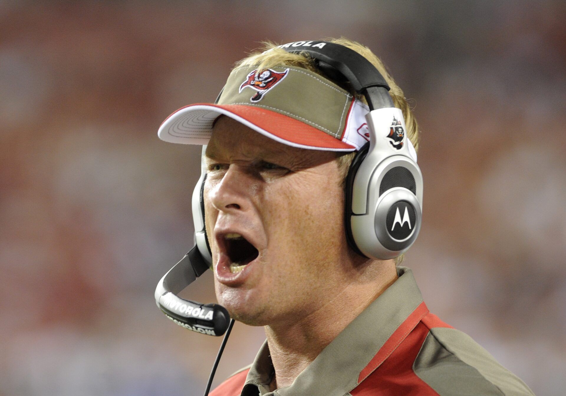 TAMPA, FL - AUGUST 23: Coach Jon Gruden of the Tampa Bay Buccaneers directs play against the Jacksonville Jaguars at Raymond James Stadium on August 23, 2008 in Tampa, Florida.   (Photo by Al Messerschmidt/Getty Images)