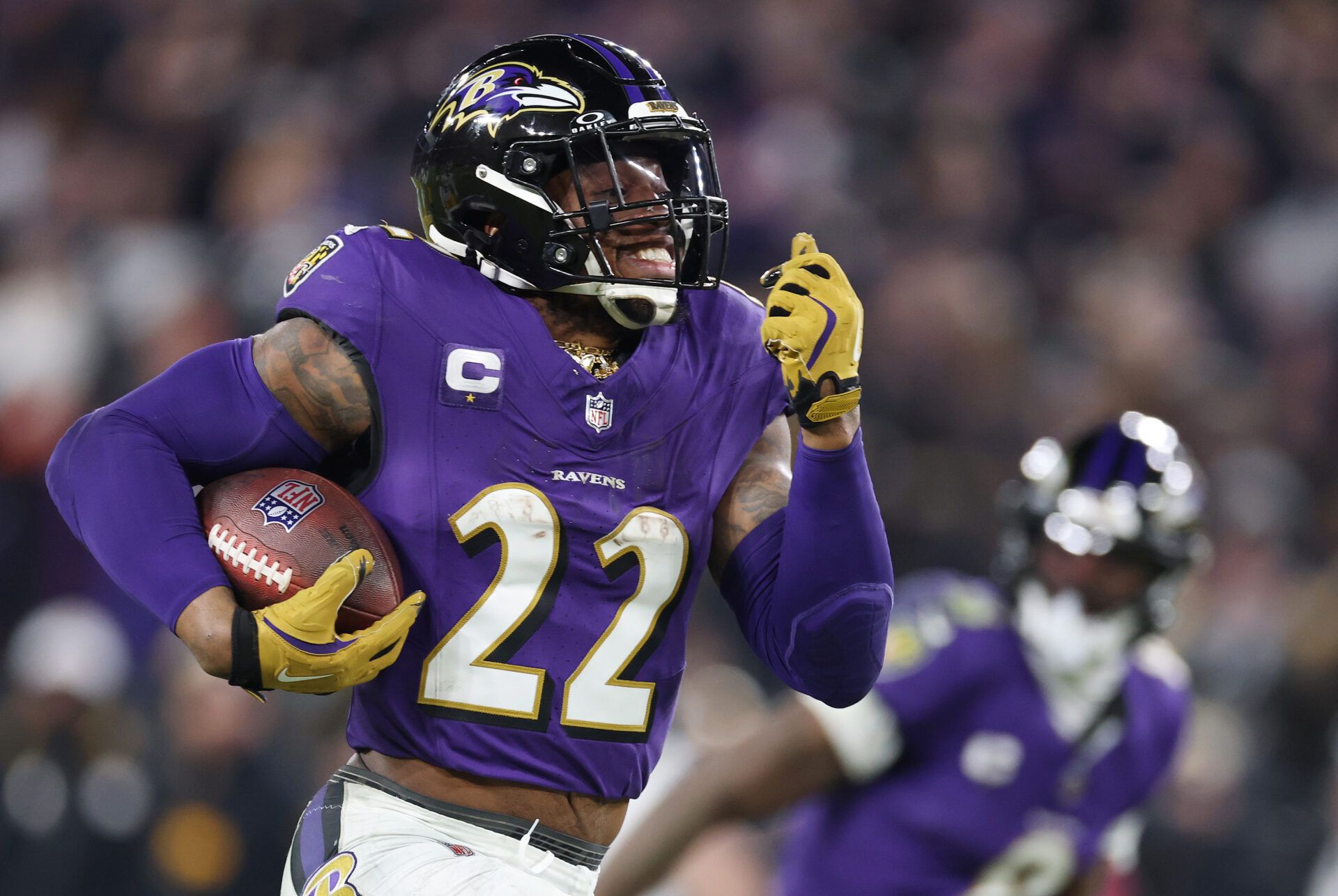BALTIMORE, MARYLAND - JANUARY 11: Derrick Henry #22 of the Baltimore Ravens runs the ball for a touchdown during the third quarter against the Pittsburgh Steelers during the AFC Wild Card Playoff at M&T Bank Stadium on January 11, 2025 in Baltimore, Maryland.  (Photo by Al Bello/Getty Images)