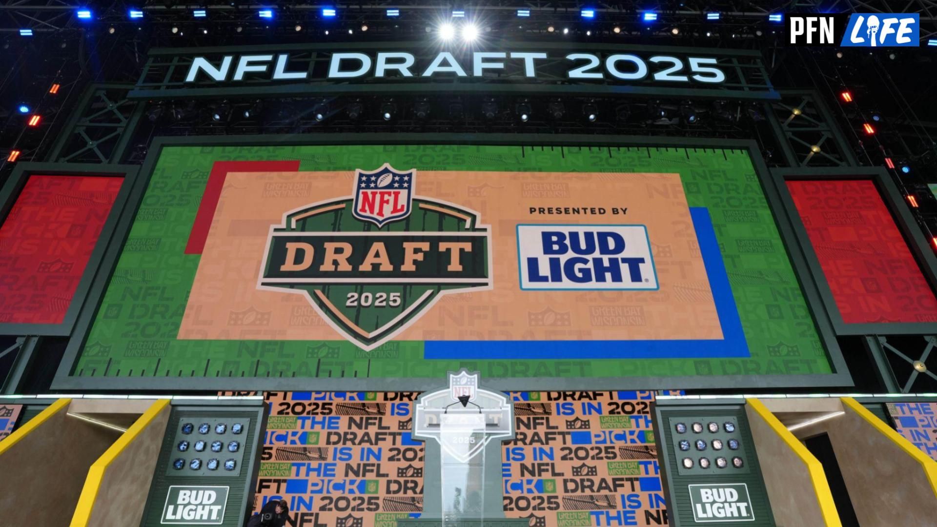 The Green Bay 2025 logo on the main stage before the NFL Draft at Lambeau Field.