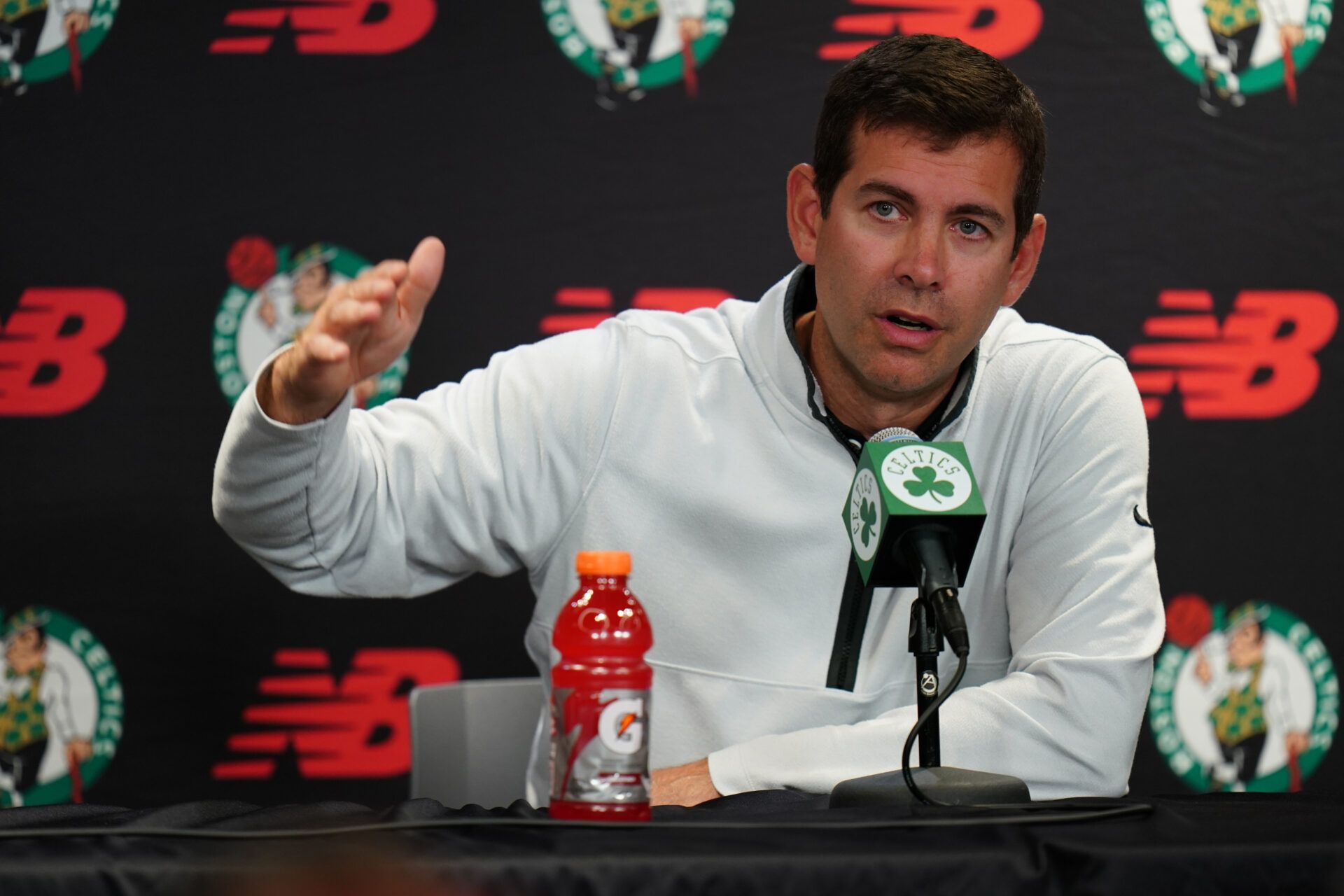 Boston Celtics president of basketball operations Brad Stevens talks during Boston Celtics Media Day.
