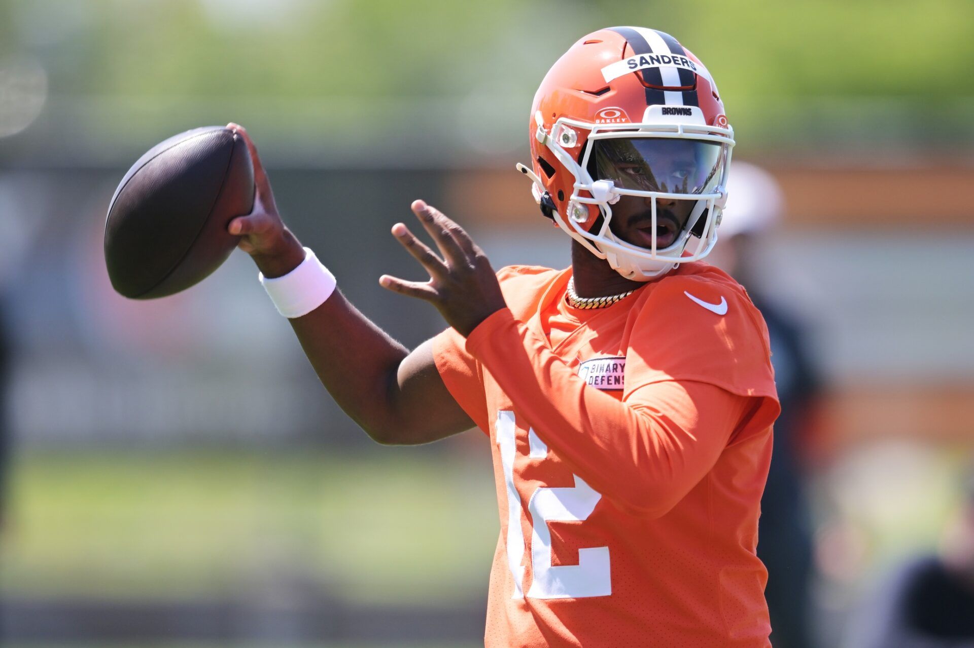 Cleveland Browns quarterback Shedeur Sanders (12) throws a pass during rookie minicamp at CrossCountry Mortgage Campus