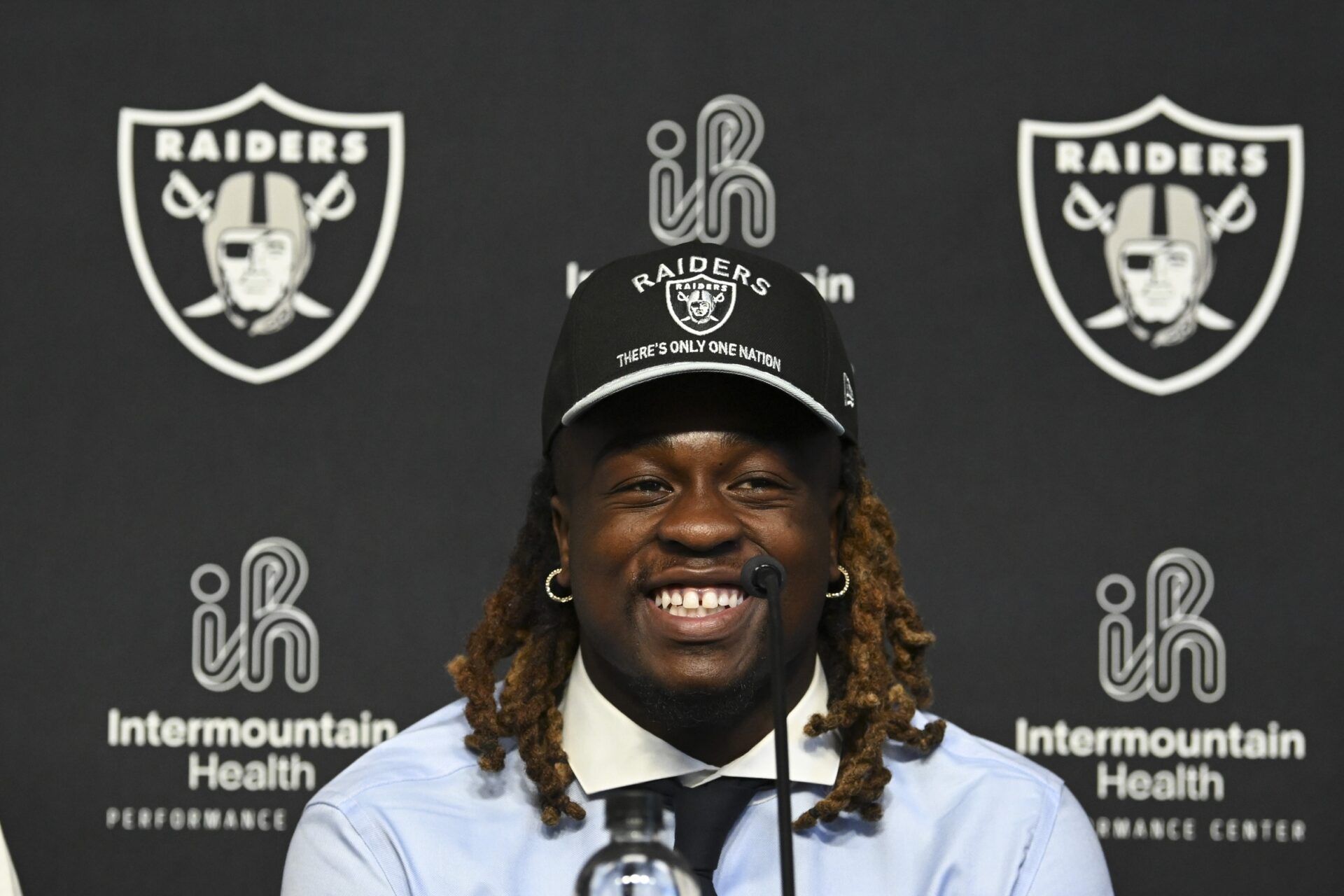 Las Vegas Raiders first round draft pick in the 2025 NFL Draft Ashton Jeanty, speaks to the media at Intermountain Health Performance Center.