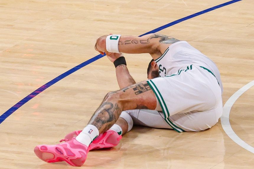Boston Celtics forward Jayson Tatum (0) reacts on the court after an injury in the second half during game four of the second round for the 2025 NBA Playoffs against the New York Knicks at Madison Square Garden. Tatum would leave the game with an injury after this play.