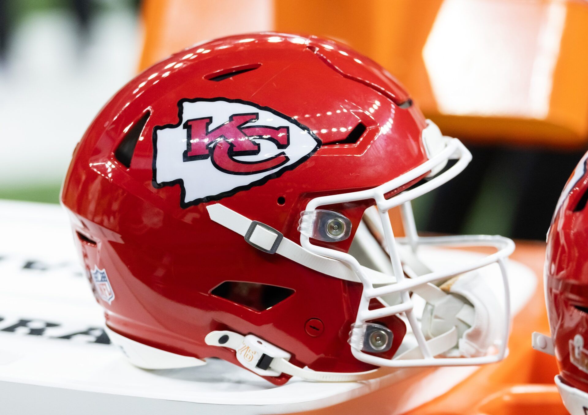 Detailed view of a Kansas City Chiefs helmet in Super Bowl LIX at Ceasars Superdome.