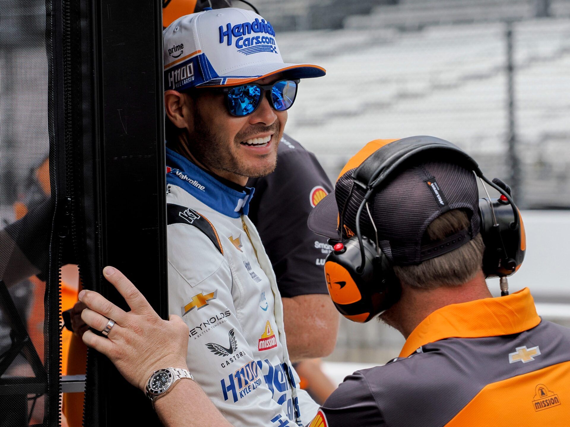 Arrow McLaren driver Kyle Larson (17) stands in his pit box Wednesday, May 14, 2025, during a practice for the 109th running of the Indianapolis 500 at Indianapolis Motor Speedway.