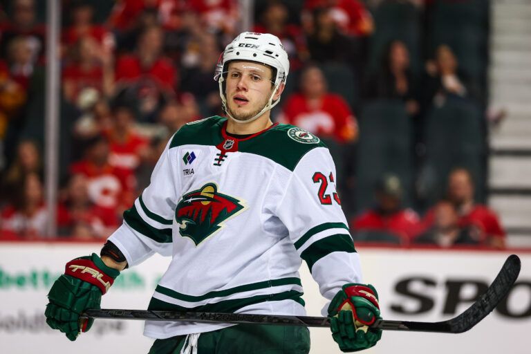 Minnesota Wild center Marco Rossi (23) against the Calgary Flames during the third period at Scotiabank Saddledome.