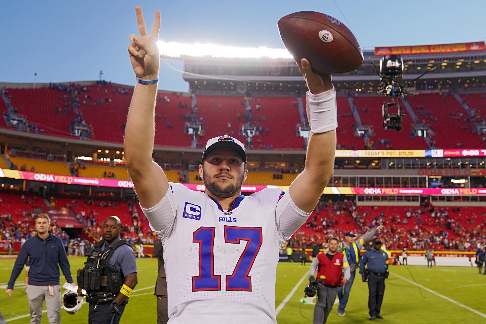 KANSAS CITY, MISSOURI - OCTOBER 16: Josh Allen #17 of the Buffalo Bills reacts after defeating the Kansas City Chiefs 24-20 at Arrowhead Stadium on October 16, 2022 in Kansas City, Missouri. (Photo by Jason Hanna/Getty Images)