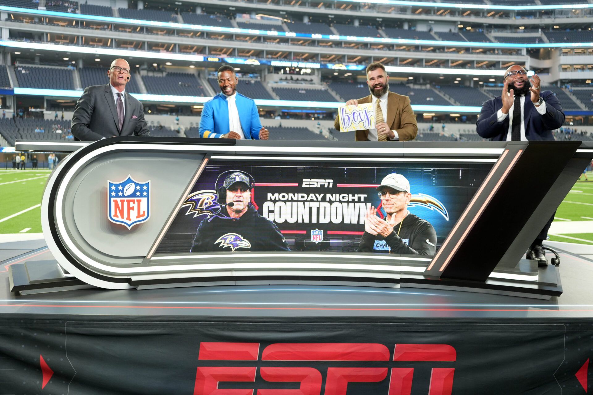 From left: Scott Van Pelt, Ryan Clark, Jason Kelce and Marcus Spears on the ESPN Monday Night Football Countdown set before the game between the Baltimore Ravens and the Los Angeles Chargers at SoFi Stadium.