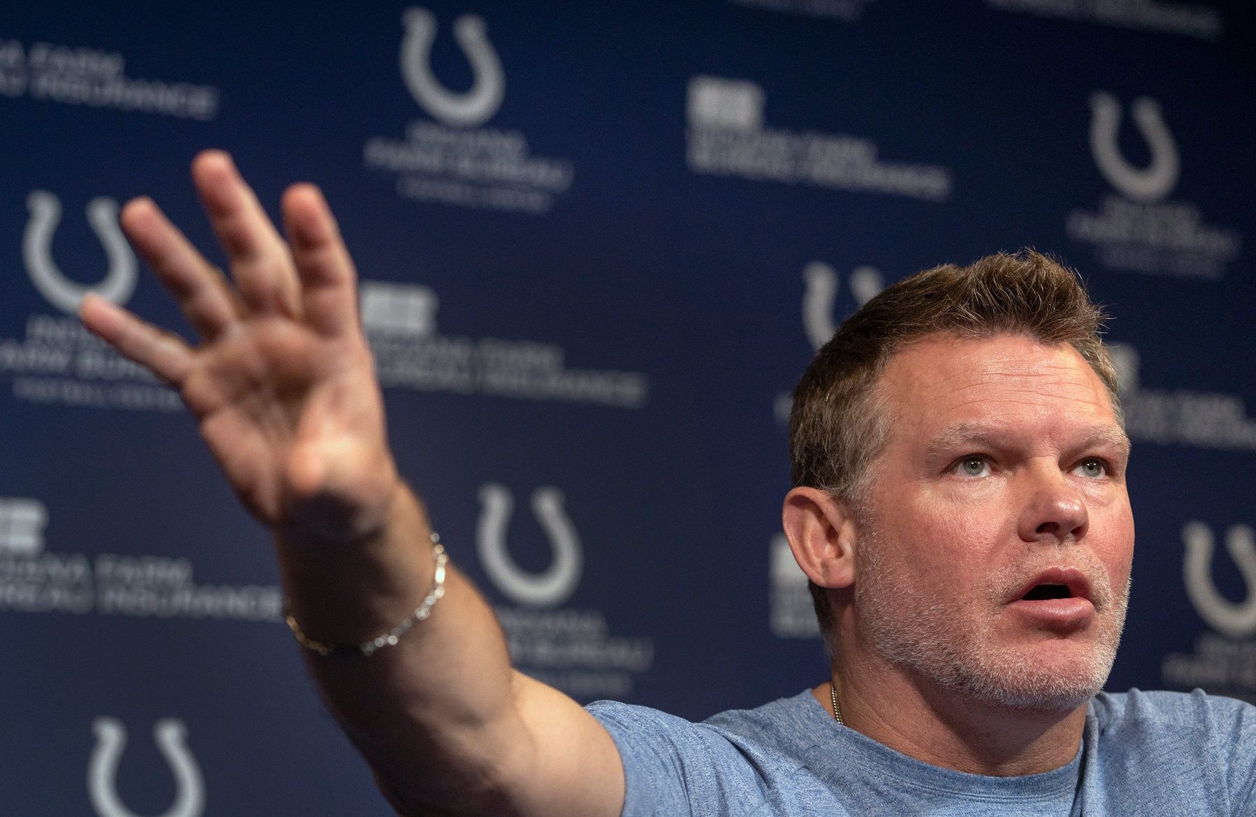 Indianapolis Colts General Manager Chris Ballard speaks to the press in a pre-draft press conference Monday, April 21, 2025 at the Colts headquarters, the Indiana Farm Bureau Football Center.
