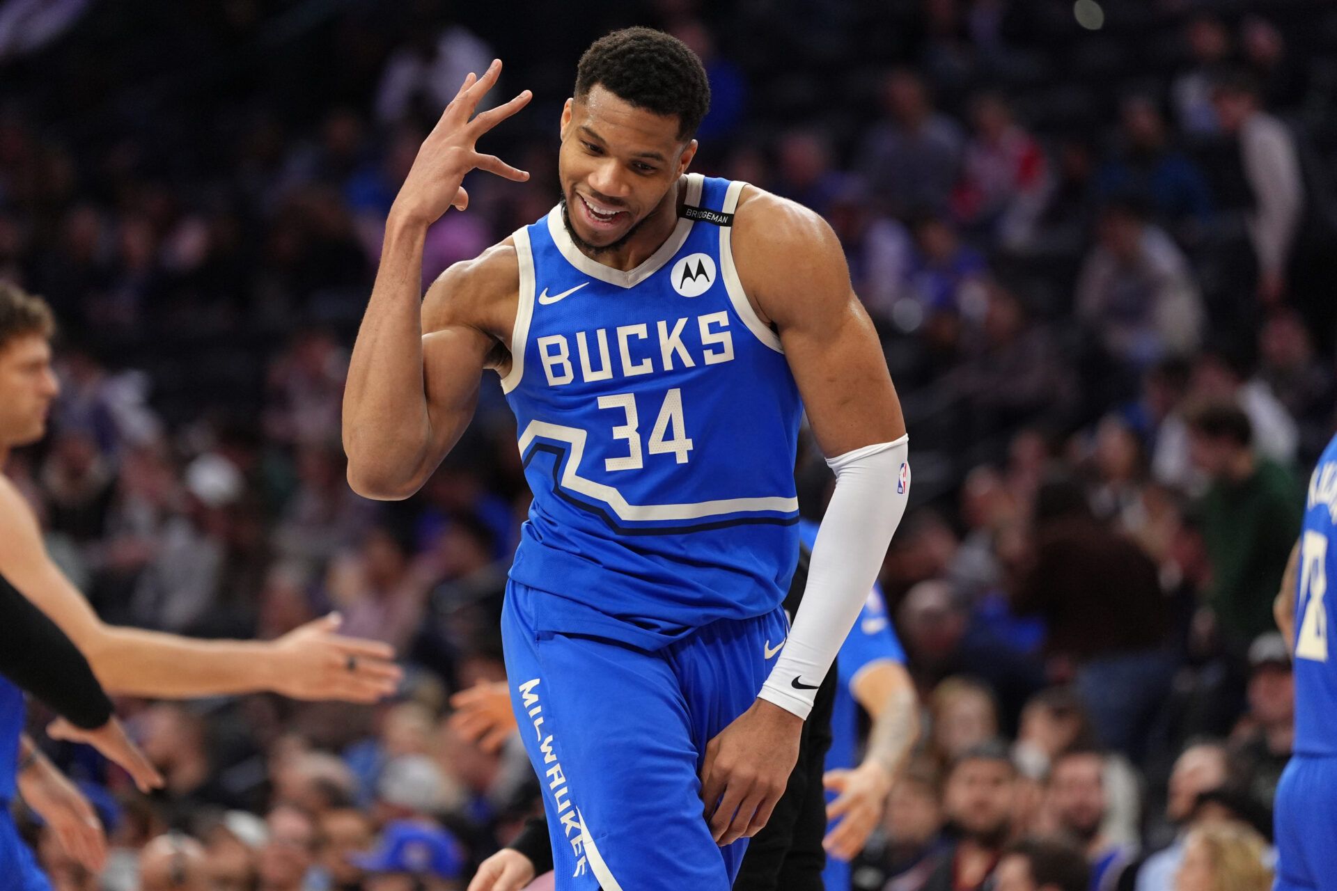 Milwaukee Bucks forward Giannis Antetokounmpo (34) reacts against the Philadelphia 76ers in the fourth quarter at Wells Fargo Center.