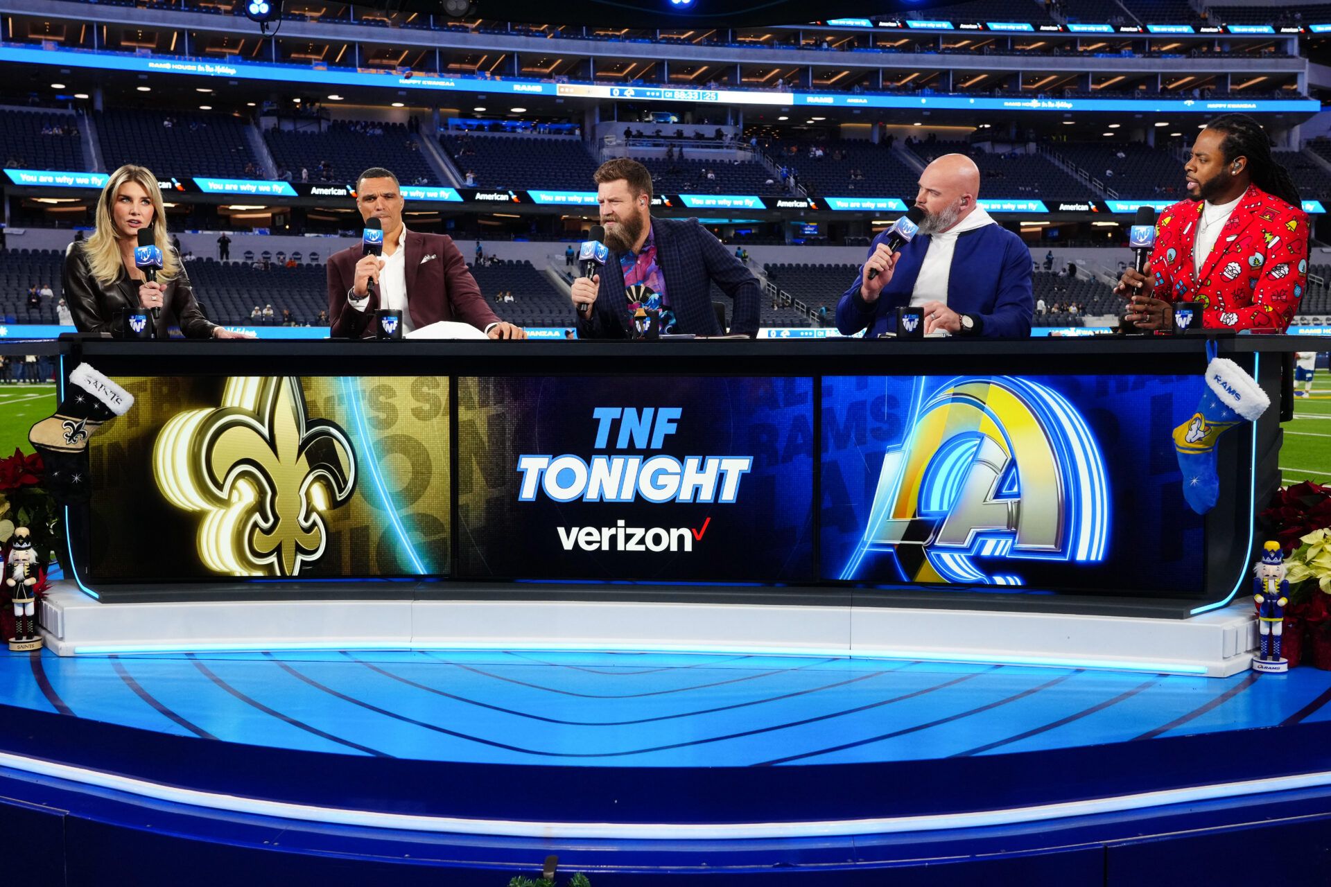 Amazon Prime Thursday Night Football broadcasters from left: Charissa Thompson, Tony Gonzalez, Ryan Fitzpatrick, Andrew Whitworth and Richard Sherman during the game between the Los Angeles Rams and the New Orleans Saints SoFi Stadium.