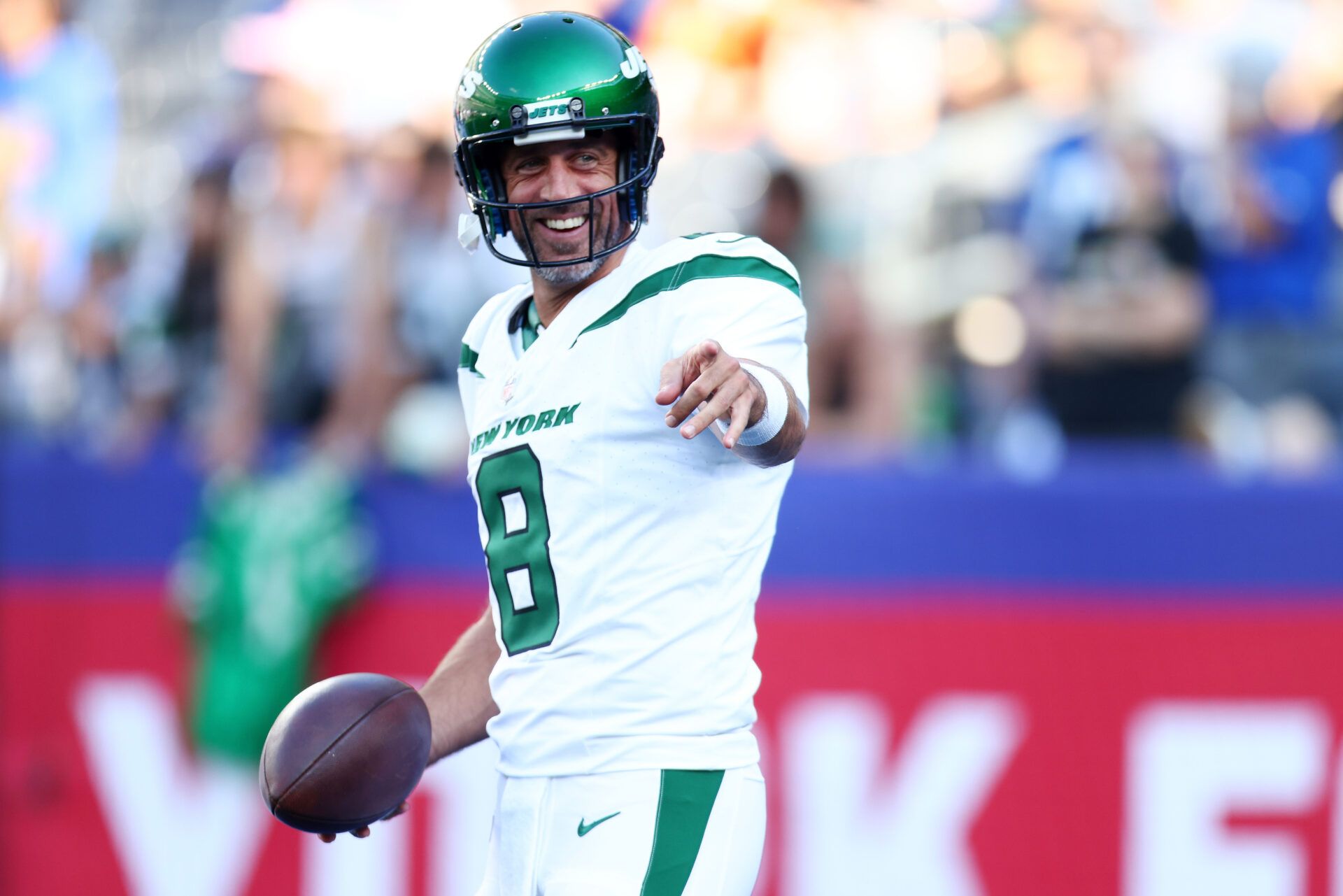 EAST RUTHERFORD, NEW JERSEY - AUGUST 26: Aaron Rodgers #8 of the New York Jets warms up prior to the game against the New York Giants at MetLife Stadium on August 26, 2023 in East Rutherford, New Jersey. (Photo by Mike Stobe/Getty Images)