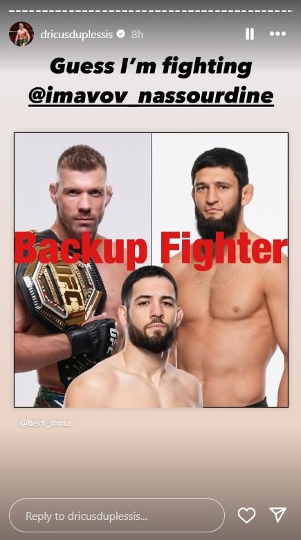 Dricus du Plessis reacts to backup fighter news for UFC 310 (Image source: du Plessis' Instagram)