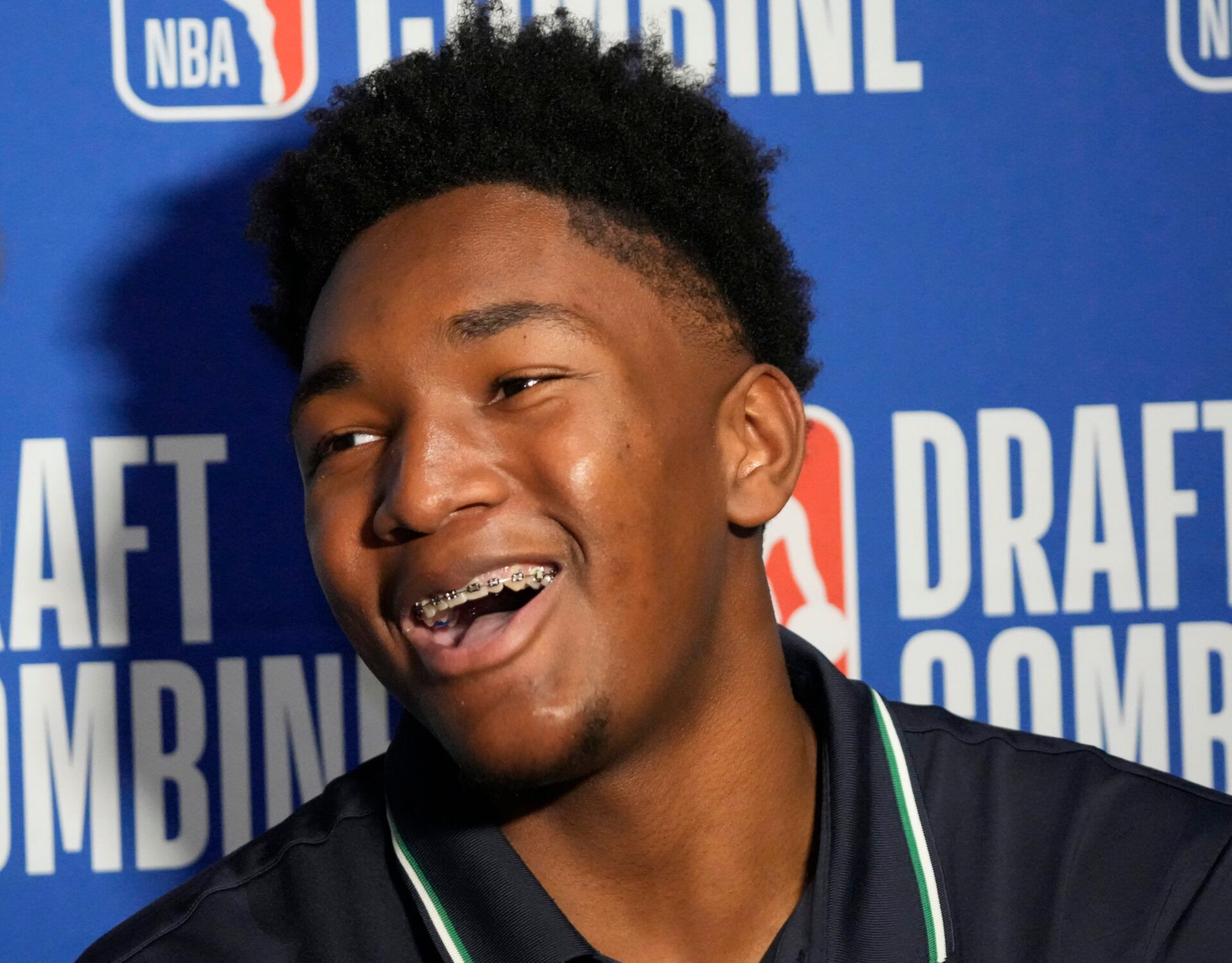 Derik Queen talks to the media during the 2025 NBA Draft Combine at Marriott Marquis Chicago.