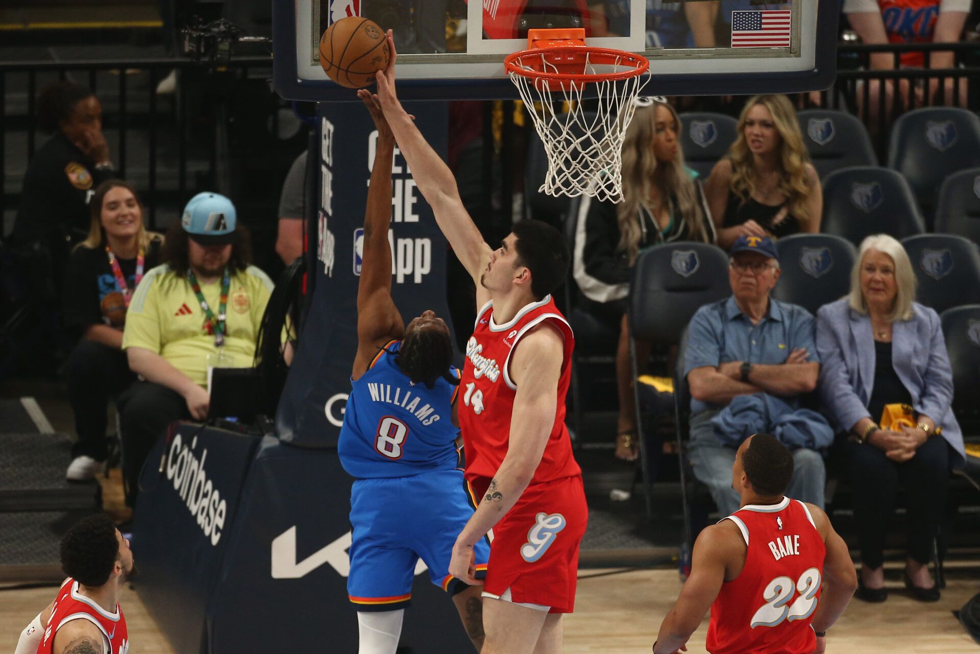 Memphis Grizzlies center Zach Edey (14) blocks the shot attempt by Oklahoma City Thunder forward Jalen Williams (8) during the first quarter during game four for the first round of the 2024 NBA Playoffs at FedExForum.