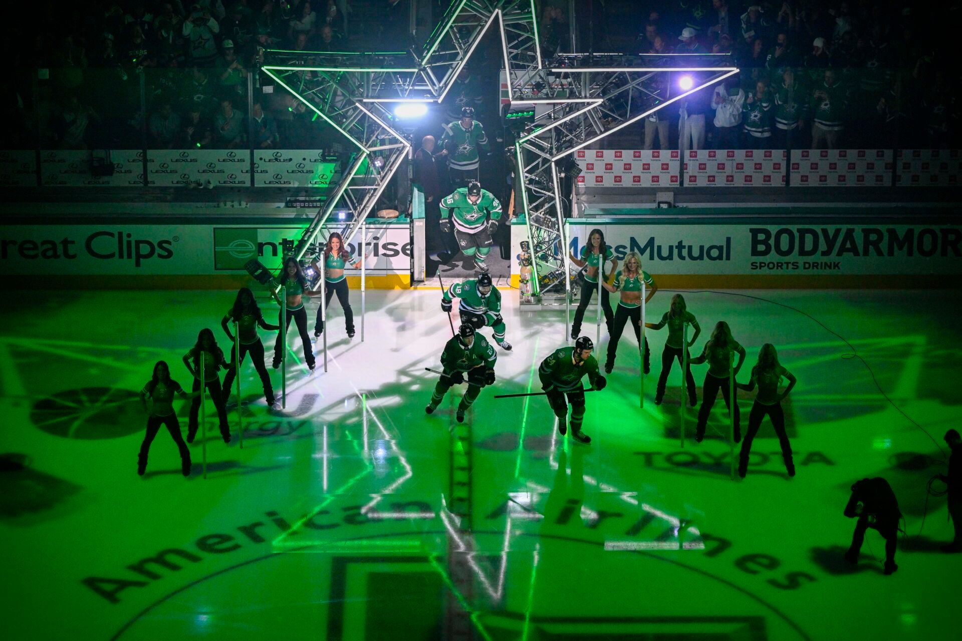 A view of the Dallas Stars ice girls and logos and the arena as the Stars take the ice to face the Colorado Avalanche in game five of the first round of the 2025 Stanley Cup Playoffs at American Airlines Center.