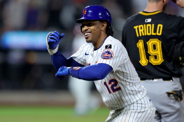 New York Mets shortstop Francisco Lindor (12) reacts during the ninth inning against the Pittsburgh Pirates at Citi Field.