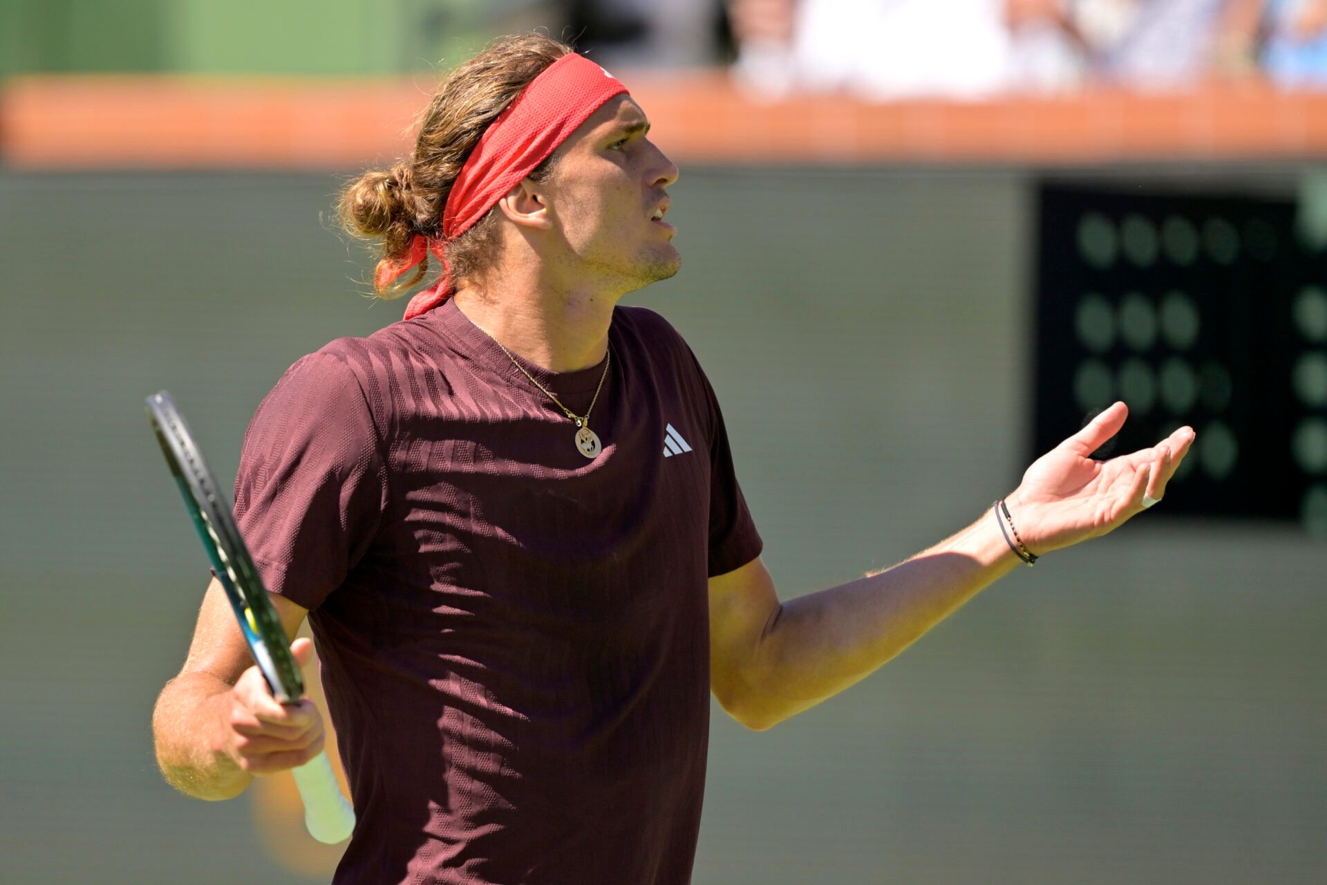 Alexander Zverev (GER) reacts after missing a shot against Tallon Griekspoor (not pictured) in his second round match during the BNP Paribas Open at the Indian Well Tennis Garden.
