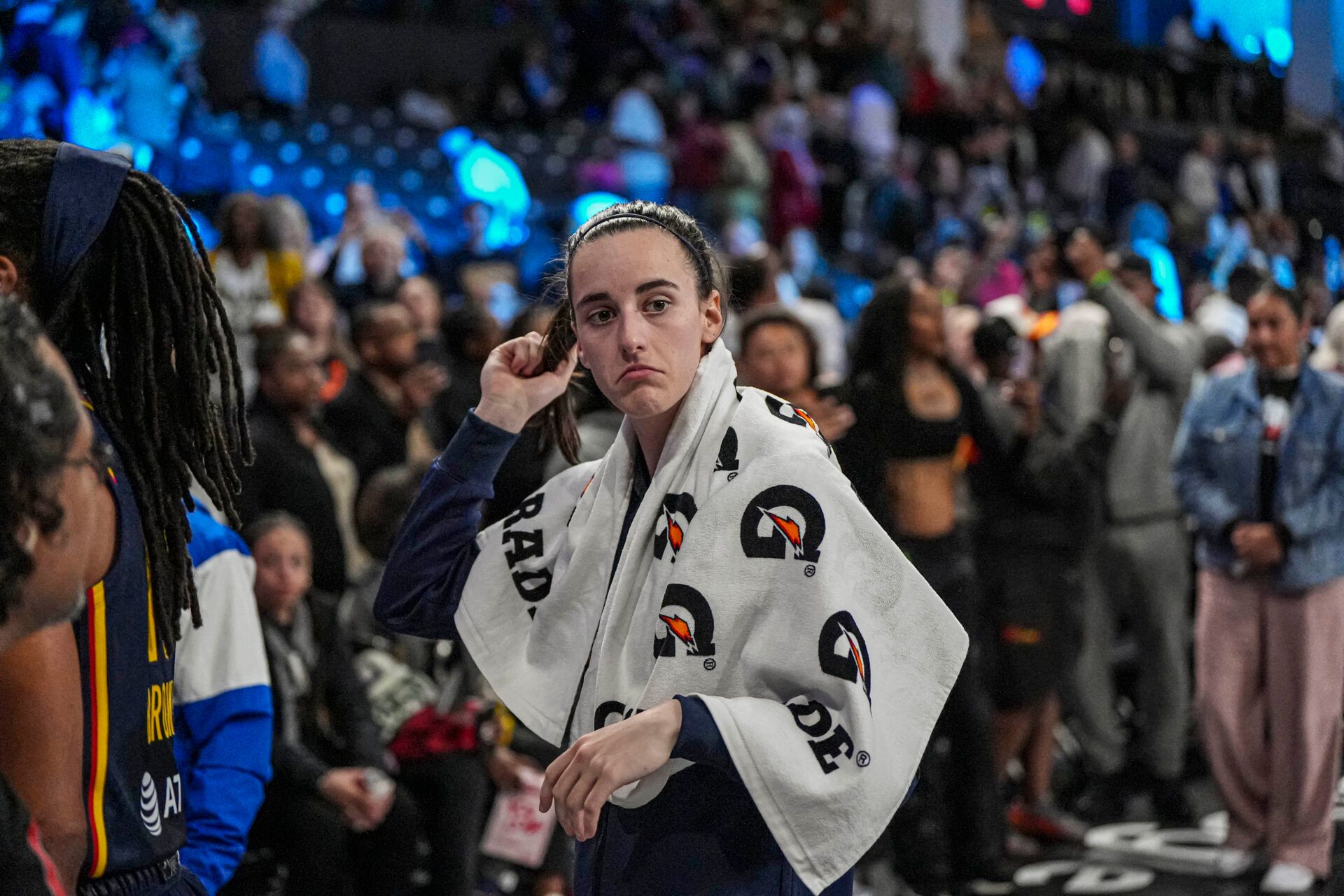 Indiana Fever guard Caitlin Clark (22) leaves the court after the Fever defeated the Atlanta Dream at Gateway Center Arena @ College Park.
