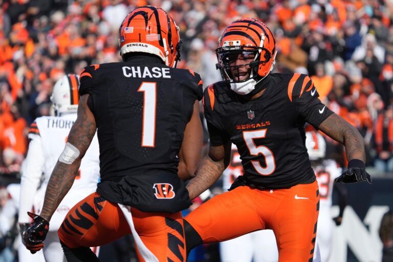 Cincinnati Bengals wide receivers Ja'Marr Chase (1) and Tee Higgins (5) celebrate against the Cleveland Browns on Sunday, Dec. 22, 2024. © The Enquirer/Sam Greene / USA TODAY NETWORK via Imagn Images