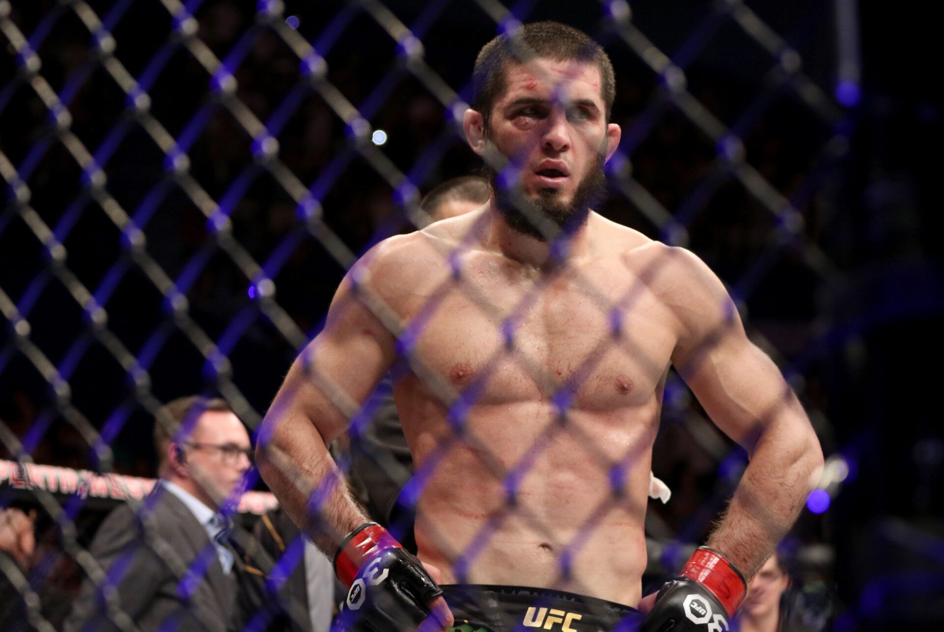 Islam Makhachev (red gloves) during the fight against Alexander Volkanovski (not pictured) during UFC 284 at RAC Arena.