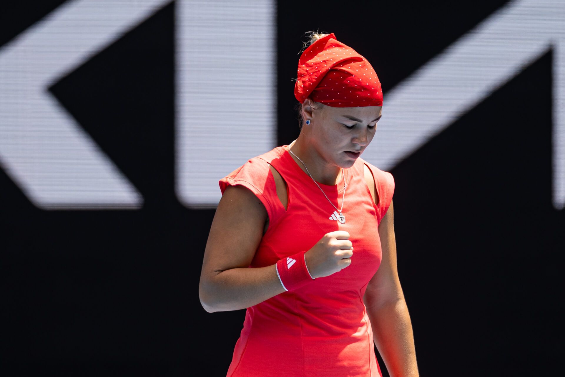 Diana Shnaider celebrates during her match against Donna Vekic of Croatia in the third round of the women's singles at the 2025 Australian Open at Melbourne Park.