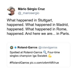 Screengrab of a user’s comment about Swiatek's early arrival in Paris via x.com